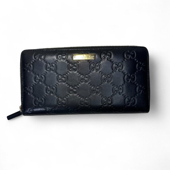 GUCCI Guccissima Leather Zip Around Long Wallet, Black GG Embossed - Picture 1 of 14